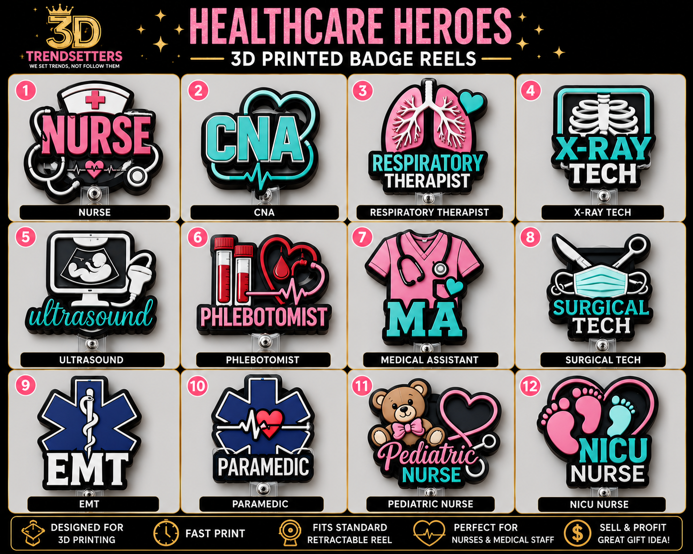 Healthcare Heroes 3D Printable Badge Reel Bundle Digital File Only