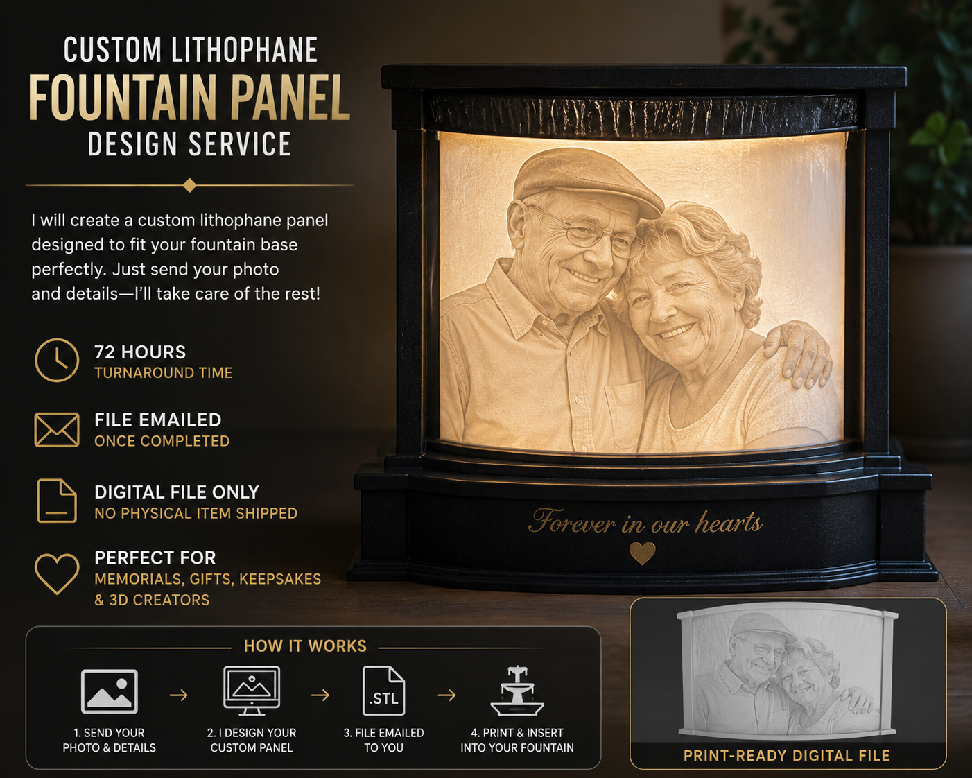 Custom Lithophane Fountain Panel Design Service (Digital File Only)