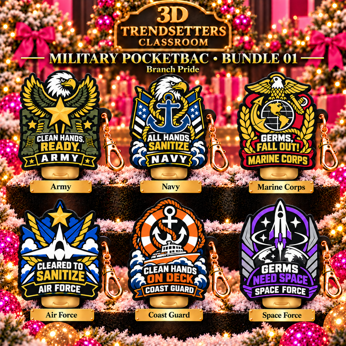 Military Pride PocketBac Sanitizer Holder Bundle — 6 Branch Designs ...